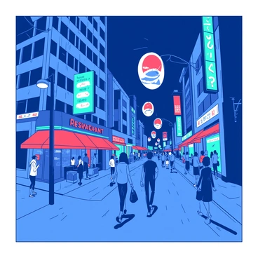 A blue bustling city street at night is filled with people walking, chatting, and enjoying the atmosphere. Tall buildings with glowing windows line both sides of the street. Colorful neon signs in red and teal adorn various shops and restaurants, casting vibrant reflections on the wet pavement. Above the street, floating advertisements in bright colors showcase various products and services, adding to the lively ambiance. Streetlights provide additional illumination, highlighting the dynamic movement of the crowd.