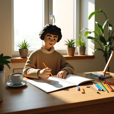 An artist with short curly hair and wearing a cozy sweater sits at a wooden table. On the table, there is a steaming cup of coffee next to an open sketchbook. The artist is focused on drawing, with a pencil in hand, and there are various art supplies scattered around, including colored pencils and erasers. Sunlight streams through a nearby window, illuminating the scene and creating soft shadows on the table. A few plants are placed on the windowsill, adding a touch of greenery to the morning atmosphere.