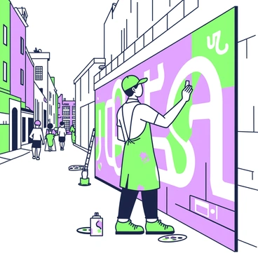 An urban artist is focused on painting a large mural on a brick wall in a vibrant Newcastle alley. The artist, wearing a cap and a paint-stained apron, holds a brush in one hand and is applying paint to the wall. Various colors are seen on the palette lying on the ground nearby. The mural depicts a series of geometric shapes and abstract designs that cover a significant portion of the wall. In the background, there are old buildings and a few pedestrians walking by, observing the artwork. A spray can and a ladder are positioned against the wall, completing the scene.