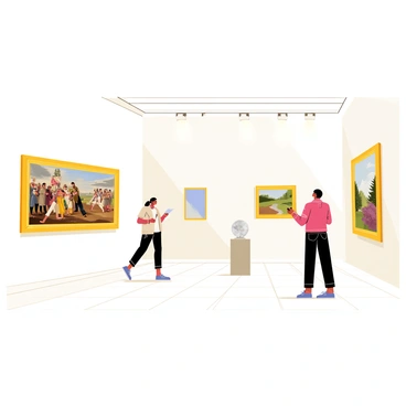 A spacious art museum room with white walls and polished wooden floors. The room is filled with large, framed paintings hanging at eye level. On the left, there is a vibrant painting by a classical master featuring dynamic figures in a historical scene. To the right, a serene landscape surrounded by ornate gold frames. The center of the room has a small pedestal showcasing a marble sculpture. Soft light shines from ceiling spotlights, illuminating the details of each artwork, while a few visitors admire the paintings and take notes.