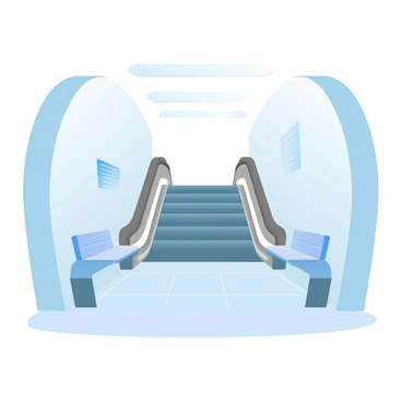 A still escalator descends into a quiet subway station, framed by smooth concrete walls. The escalator is metallic and reflects the soft ambient lighting above. The floor of the station is tiled in muted colors, with subtle patterns. To the sides, there are empty benches made of sleek materials, adding to the calm atmosphere. A few informational signs are positioned along the walls, and the space is devoid of people, enhancing the sense of tranquility. The overall scene has a gradient of pastel colors illuminating the environment.