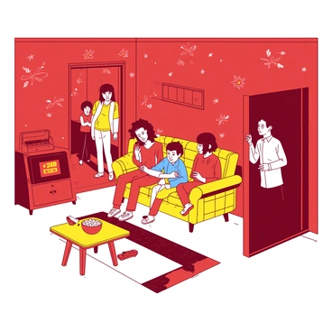 A red living room with floral-patterned wallpaper features a vintage 1980s family sitting on a yellow plaid sofa. The family consists of a father with a mullet hairstyle, a mother wearing leg warmers, and two children dressed in bright colors common in that era. In front of them, a yellow coffee table holds a bowl of popcorn and a classic remote control. Emerging from a doorway is their future selves, who are dressed in modern clothing and look surprised to see their past counterparts. The future father has a short haircut, the future mother sports casual stylish attire, and the children are now teenagers, engaged with their smartphones. The living room is filled with nostalgic decorations like a rotary phone and a large wooden television set from the 80s.