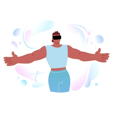 A person wearing a VR headset is performing shoulder rolls in a spacious virtual exercise environment. The individual is dressed in a fitted workout outfit, with their arms extended outward as they rotate their shoulders. Surrounding the person are visually engaging virtual elements, such as floating geometric shapes and softly glowing lines, creating a dynamic atmosphere. The background features a gradient of pastel colors, adding a visually pleasing ambiance to the scene.