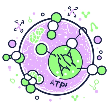 A close-up view of ATP molecules animatedly interacting in a cellular environment. The ATP molecules are depicted as distinct, rounded shapes with three phosphate groups visibly attached. They are engaged in dynamic movements, some are shown bouncing with energy, while others are connecting with nearby molecules. Around them, various organelles such as mitochondria, ribosomes, and the endoplasmic reticulum are present, each with their own unique structures. The background features a textured view of the cell membrane, creating a vibrant scene of a lively cellular world.