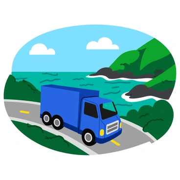 A large blue truck is driving along a winding coastal road. The truck has a shiny metallic finish and large, sturdy wheels. In the background, there are vibrant green cliffs rising against a clear blue sky. The ocean sparkles with deep turquoise waves crashing against the rocky shoreline. A few fluffy white clouds drift above, casting soft shadows on the landscape. Lush vegetation lines the road, enhancing the scenic views of the coast.