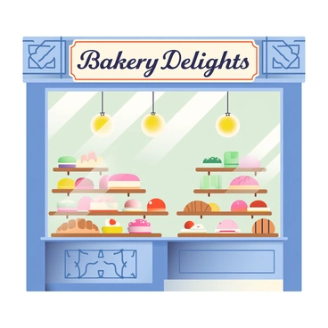 A quaint bakery features a façade with intricate Art Deco design elements, including geometric patterns and elegant lines. The entrance is framed by large glass windows that showcase a variety of colorful pastries inside. There are pastries in shades of pink, yellow, and green, arranged artfully on a wooden display counter. Fluffy croissants and delicate macarons are interspersed among vibrant tarts topped with fresh fruits. Above the counter, a vintage-style sign reads "Bakery Delights" in a stylish font. The warm glow of pendant lights illuminates the pastries, creating an inviting atmosphere.