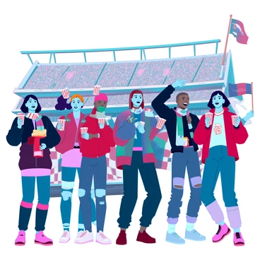 A diverse group of enthusiastic fans, including individuals with light and dark skin, are gathered in a vibrant stadium during halftime. They are holding various snacks such as popcorn and nachos, while some have drinks in colorful cups. The fans are animatedly chatting, with expressions of excitement and anticipation on their faces. A few fans are wearing jerseys and scarves of their favorite teams, while others are holding flags. The atmosphere is lively, filled with the energy of the match they just witnessed.