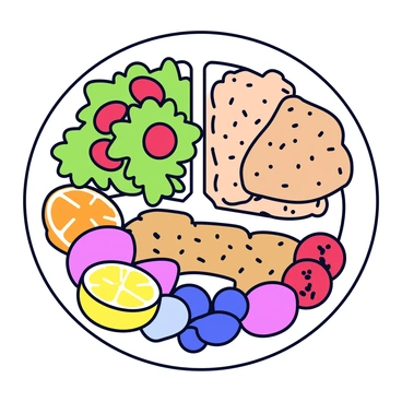 A round dinner plate divided into four equal sections. One section contains a vibrant green salad with various vegetables, including lettuce, tomatoes, and cucumbers. The second section features a serving of grilled chicken breast, seasoned and sliced. The third section holds a generous portion of brown rice, fluffy and steaming. The fourth section includes a colorful mix of fruits, such as slices of orange, berries, and grapes. The plate is set against a plain white background.