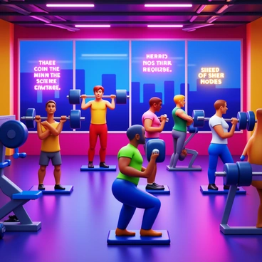 A vibrant neon-lit gym filled with bright colors. Various people of different ages are engaging in shoulder presses. Some individuals are using free weights while others are on machines. The gym has large windows showing a night skyline. Neon signs with motivational quotes are glowing on the walls. Energy and determination are palpable in the atmosphere.