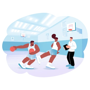 A basketball player is practicing dribbling skills in a brightly lit gymnasium. He is wearing a sleeveless jersey and shorts, showcasing his athletic build. The player is focused, with one hand on the basketball while the other is positioned for balance. Nearby, a coach is standing with a clipboard, watching closely and offering guidance. The gym features polished wooden floors and basketball hoops in the background. A motivational poster is hanging on the wall, adding to the ambiance of the training environment.