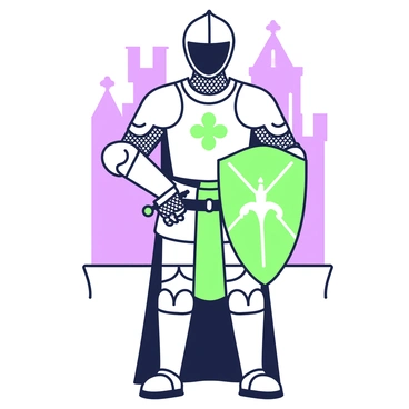 A medieval knight is standing proudly, wearing full armor that glimmers with intricate engraving details. The armor covers the knight from head to toe, showcasing carefully crafted patterns and designs. In the knight's left hand, he holds a large shield that features a detailed emblem at the center. The shield is positioned slightly forward, displaying its craftsmanship. The knight's right hand rests on the hilt of a sword that hangs at his side. Behind the knight, a faint outline of a castle can be seen, adding to the medieval setting.