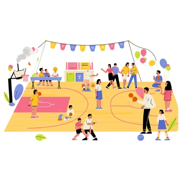 A vibrant basketball court with a polished wooden floor is filled with families enjoying a community event. Colorful banners hang overhead, depicting various sports and activities. Children are playing basketball in the foreground, with some taking shots while others cheer them on. Nearby, parents are seated on bright picnic blankets, sharing snacks and drinks. A group of kids is painting faces at a small booth, surrounded by balloons and decorations. In the background, a barbecue grill emits smoke, and adults socialize, smiling and laughing together, creating a festive atmosphere.