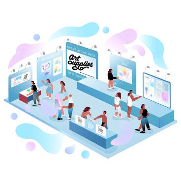 A bustling trade show is filled with various booths showcasing new art supplies. Each booth features vibrant displays of paint tubes, brushes, sketchbooks, and canvases. People are interacting with exhibitors, examining innovative art techniques demonstrated by artists. Colorful banners hang overhead, advertising the latest products. The layout of the trade show is organized with pathways guiding visitors between booths, and a large sign in the center reads "Art Supplies Expo." Bright lights illuminate the scene, enhancing the lively atmosphere.