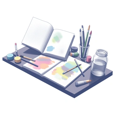 A messy desk filled with various art supplies. There are several paint tubes scattered haphazardly, some with caps off, revealing vibrant colors. Numerous brushes of different sizes are leaning against an open sketchbook covered in pencil sketches. A collection of colored pencils lies strewn across the desk, some rolled off the edge. In the background, there are splatters of paint on the desk surface, adding to the chaotic scene. A glass jar holding water for rinsing brushes sits nearby, partially filled and reflecting the light.