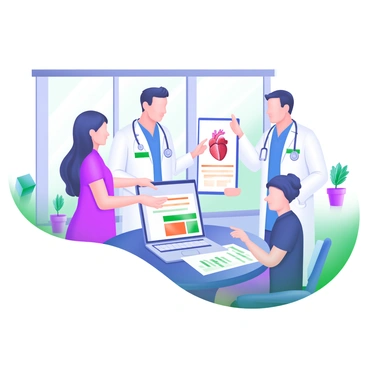 A modern pastel illustration depicting a team of four healthcare professionals engaged in a discussion. Two doctors, one male and one female, are standing at a round table covered with medical charts and a laptop displaying a heart diagram. A nurse is seated next to a male cardiologist who is pointing towards a highlighted section of a treatment plan on the table. The background features a large window with natural light streaming in, and there are potted plants in the corners of the room. Each professional is wearing scrubs with their respective ID badges visible.
