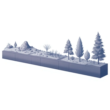 A detailed timeline illustrated as a series of panels. Each panel depicts a different stage of primary succession over decades. The first panel shows a barren landscape with rocks and bare soil, indicating the initial state after a volcanic eruption. The second panel illustrates pioneer species, such as lichens and mosses, beginning to colonize the area, with small patches of green emerging. The third panel displays grasses and small plants, starting to take root among the rocks and soil, signaling further development. The fourth panel portrays shrubs and small trees beginning to grow, with increased vegetation creating a more complex ecosystem. The final panel represents a mature forest with a variety of trees, undergrowth, and wildlife, showcasing a fully developed ecosystem. Each panel is labeled with the corresponding decade to indicate the progression of time.