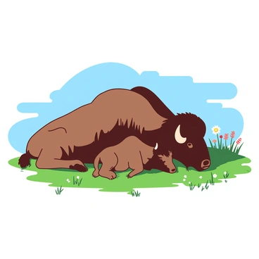 A teal small family of bison is resting together in a green meadow under a bright blue sky. The group consists of two adult bison and a calf, all lying on the soft grass. The adult bison have thick, shaggy fur, and the calf is playfully nuzzling one of its parents. Nearby, there are scattered wildflowers adding detail to the meadow. The sun casts gentle shadows of the bison onto the grass, creating a tranquil scene.