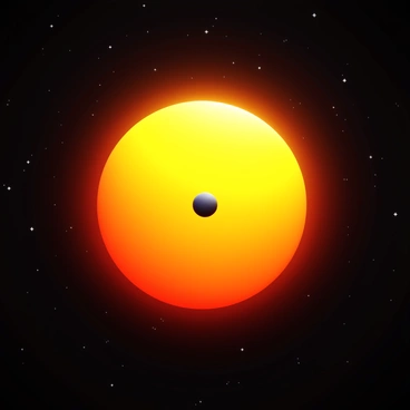 A detailed illustration of "Mercury" transiting across "the Sun." "Mercury" appears as a small dark dot moving across the bright surface of "the Sun," which is depicted with vibrant yellow and orange hues. The background showcases a deep black space filled with distant stars. The event captures the celestial alignment, emphasizing the contrast between the small size of "Mercury" and the vastness of "the Sun." "Sunlight" radiates outward, illuminating the scene and highlighting the details of "Mercury's" surface features.
