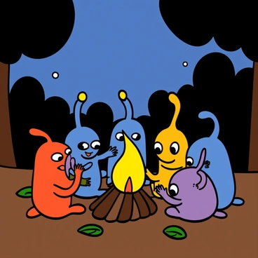 A group of colorful Pikmin, including red, blue, yellow, and purple ones, gathered around a bright campfire under a starry night sky. The fire flickers warmly, casting a soft glow on their small, curious faces as they sit closely together. Some Pikmin are animatedly gesturing with their tiny arms, while others appear to be listening intently with wide eyes. The ground is covered with leaves, and the silhouettes of trees can be seen in the background, enhancing the cozy atmosphere of the night. The scene captures a moment of camaraderie and storytelling among the Pikmin.