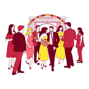 A group of guests is arriving at a wedding venue, dressed in vibrant attire. Some guests are wearing bright yellow dresses while others are in deep red suits. The guests are exchanging warm greetings, with smiles and laughter filling the air. A few guests are holding colorful bouquets, adding to the festive atmosphere. The entrance of the venue is adorned with decorations, and a welcoming arch is visible in the background.