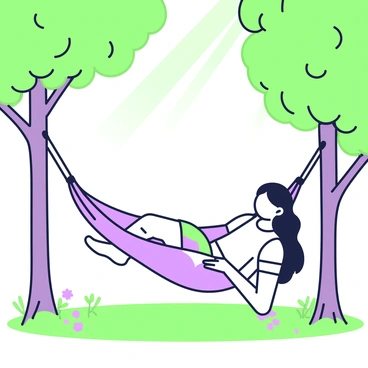 A person is reclining in a hammock that is strung between two trees. The trees have broad trunks and are covered in thick green leaves that dapple the sunlight. The person has long hair, wearing a comfortable shirt and shorts. Their arms are stretched out along the sides of the hammock, and their legs are slightly bent. Sunlight filters through the leaves, casting intricate shadows on the hammock. The ground beneath is covered in soft green grass, and a few small flowers are scattered nearby.