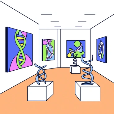 An art gallery featuring a collection of paintings and sculptures inspired by DNA structures. The walls are adorned with large, colorful paintings that depict double helix formations in vibrant hues of blue, green, and purple. Each painting has swirling patterns that mimic the intricate designs of DNA strands. In the center of the gallery, three-dimensional sculptures resembling DNA models are displayed on pedestals, showcasing twisted strands made of metal and glass. The sculptures reflect light in a way that highlights their curves and angles. The floor is polished wood, complementing the artistic pieces with a natural warmth. Each piece of art is carefully spaced to allow for easy viewing.