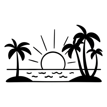 A black-and-white illustration of a sunrise over an island. The horizon line features a round sun rising, casting rays outward. Silhouetted against the light are several palm trees with tall, slender trunks and arching leaves. The island's shoreline is visible, with gentle silhouettes of waves lapping at the beaches. The sky is filled with varying shades of light, creating a contrast between the sun and the dark shapes of the palm trees.