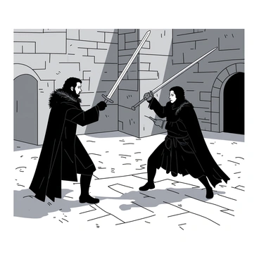 Jon Snow, dressed in a black cloak, is practicing sword fighting in a stone courtyard with a fellow Night's Watch member. The sunlight casts long shadows across the ancient cobblestones. Jon holds a silver sword, its blade glinting as it catches the light. The other member, wearing a dark tunic, is poised in a defensive stance with a wooden sword. In the background, the stone walls of the courtyard rise high, partially covered in snow, conveying the chill of the environment. Both figures exhibit intense focus as they engage in a mock duel, showcasing their skills and determination.