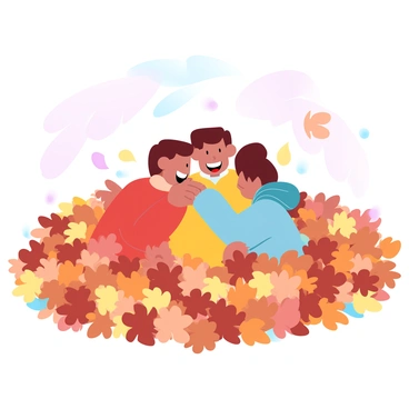 A group of children is playing in a large pile of vibrant autumn leaves. There are three children, one wearing a bright red sweater, another in a cozy yellow jacket, and the last in a blue hoodie. They are laughing and cuddling together, with their arms and legs tangled in the colorful leaves. The ground is covered in a mix of orange, yellow, and brown leaves, creating a rich tapestry beneath them. Sunlight filters through the trees, casting a warm glow over the scene. Some leaves are gently falling around them, adding to the playful atmosphere.