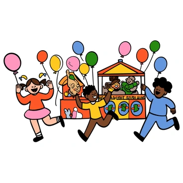 A group of children with different skin tones and hair types are running and laughing joyfully at a fun fair. They are surrounded by colorful balloons in various shapes and sizes floating in the air. Brightly decorated game booths with vibrant signage and prizes are visible in the background. One girl with pigtails is holding a pink balloon, while a boy with short curly hair is reaching for a stuffed animal at a game stand. Their expressions show excitement and happiness as they enjoy the festive atmosphere.
