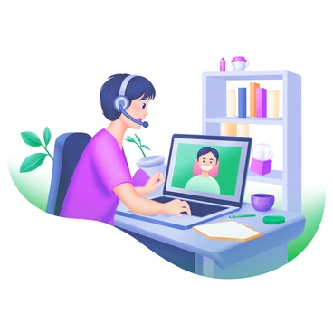 A modern pastel illustration depicting a "customer service representative" seated at a desk, engaged in a video call using a laptop. The representative has short, dark hair and is wearing a headset. The laptop screen shows a friendly face of a "customer" on the other side of the call. On the desk, there are various items including a notepad, a pen, and a coffee cup. The background features a plant and a bookshelf filled with books and decorative items.