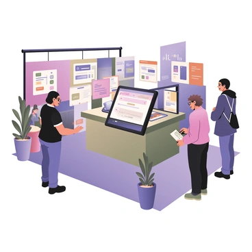 A digital flat illustration showing an interactive feedback station at a tech exhibition. The feedback station features a central kiosk with multiple screens displaying various user interfaces. Each screen shows different feedback options, such as buttons labeled "Submit" and "Rating" in bright colors. Around the kiosk, there are attendees interacting with the screens; one person, a woman with curly hair and glasses, is tapping on a screen, while another attendee, a man with short hair, is observing her. The background includes colorful banners and tech-related displays, creating a vibrant exhibition atmosphere. A few potted plants are positioned nearby, adding a touch of greenery to the scene.