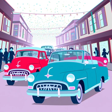 A parade of vintage cars in various vibrant colors driving down a bustling main street. Each car showcases distinct features, such as shiny chrome bumpers, elegant curves, and retro designs. People line the sidewalks, waving and smiling as they enjoy the spectacle. Colorful confetti falls from the sky, creating a lively atmosphere as it drifts down and settles on the cars and street. Bright banners and festive decorations adorn nearby buildings, enhancing the celebratory feel of the scene.