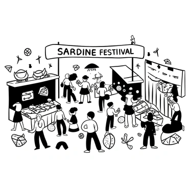 A bustling festival scene filled with people engaged in various sardine-themed activities. A large banner with the words "Sardine Festival" hangs above the crowd. Stalls displaying freshly grilled sardines are set up on either side, with chefs busy preparing the dishes. Children are seen playing games with sardine-themed prizes, while adults gather around to enjoy live music from a nearby stage. Decorations featuring sardines and fishing nets are hung throughout the area, adding to the festive atmosphere.