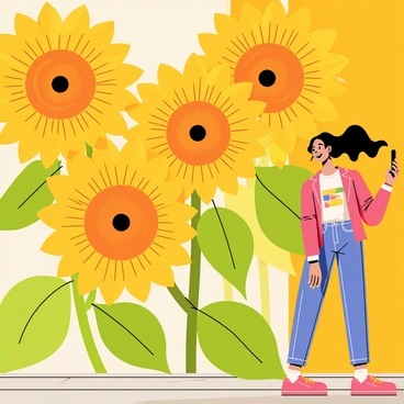 A girl standing in front of a large sunflower mural, taking a selfie with her smartphone. She is wearing a colorful and trendy outfit that complements the vibrant yellow and green hues of the mural. The mural features several large sunflowers with intricate details like textured petals and dark centers. Sunlight casts a warm glow, enhancing the vivid colors of the scene. The girl has a joyful expression on her face as she poses confidently, with her hair flowing freely.