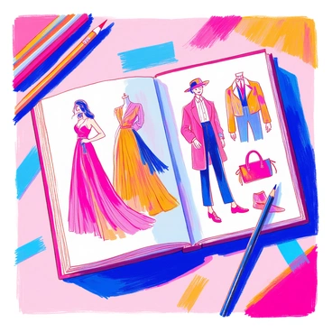 A digital sketchbook is opened on a flat surface. On the left side, there are AI-generated fashion illustrations showcasing various outfits, including a flowing evening gown, a tailored suit, and casual streetwear. Each illustration boasts vibrant colors and intricate details. On the right side, hand-drawn designs are displayed, featuring sketches of accessories like hats, bags, and shoes. These drawings have a unique texture, highlighting the artist's hand. The sketchbook is surrounded by colored pencils and fabric swatches, adding to the creative atmosphere.