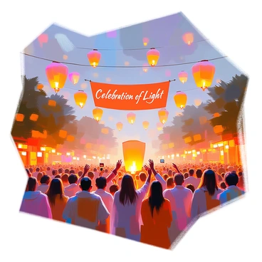 A vibrant scene depicting a religious festival filled with thousands of lanterns floating in the night sky. The lanterns are a multitude of colors, casting a warm glow over the gathered crowd below. People of various ages, wearing traditional attire, are seen celebrating joyfully, some holding hands or taking photographs. The background reveals trees and buildings softly illuminated by the lantern light, enhancing the festive atmosphere. A large banner reading "Celebration of Light" is hung prominently, adding to the sense of community and festivity.