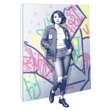 A young woman stands confidently against a wall adorned with vibrant graffiti. She is wearing a trendy urban outfit that includes a fitted jacket and high-waisted jeans. The jacket features unique cuts and patterns, while her jeans are slightly distressed. Her hair is styled in a modern fashion, adding to her contemporary look. The graffiti on the wall displays various bold designs and colorful writings, creating a dynamic backdrop for her pose. She has a relaxed expression as she leans casually against the wall with one hand tucked into her pocket.
