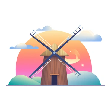 A classic windmill with a large, rotating blade is positioned in the foreground. The windmill features a traditional thatched roof and wooden structure. Behind the windmill, a vibrant sunset sky displays a gradient of colors, including deep oranges, soft pinks, and hints of purple. Wispy clouds scatter across the sky, reflecting the warm hues of the setting sun. The landscape around the windmill is flat, with gentle rolling hills in the distance.