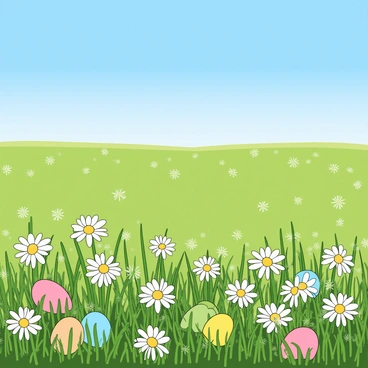 A vast meadow stretches out under a clear blue sky. The ground is covered with lush green grass, dotted with bright white daisies, their petals wide open to the sunlight. Scattered throughout the meadow are colorful Easter eggs, some partially visible, peeking out from behind the tall blades of grass and clusters of daisies. The eggs come in various hues including pastel pink, blue, yellow, and green, adding a playful touch to the scene. A gentle breeze causes the flowers to sway slightly, creating a vibrant and lively atmosphere.