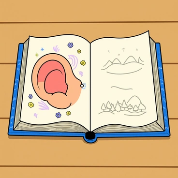 An ear illustrated inside an open book, as if part of a fairy tale