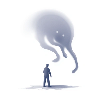 A small figure stands alone in an expansive area. The person appears vulnerable against the backdrop of an enormous shadow looming overhead. The shadow takes a distorted and menacing shape, suggesting an embodiment of the individual's fear. The ground beneath the figure is uneven, enhancing the sense of isolation. The surrounding space is empty, adding to the feeling of being overwhelmed. The person's posture is tense, with hands clenched at their sides, illustrating a struggle against the looming presence.