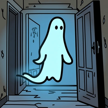 A translucent ghost, with flowing, tattered robes, is hovering in a dimly lit hallway of an old mansion. The walls are lined with peeling wallpaper and cobwebs can be seen in the corners. The floorboards are cracked and creaky, adding to the eerie atmosphere. The ghostly figure has a faint glow, casting a soft light that illuminates the intricate details of an antique wooden door nearby. Shadows dance along the hallway, enhancing the ghost's presence.