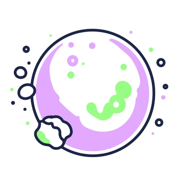 A close-up of a soap bubble mid-burst. The bubble is nearly spherical, with a thin, fragile surface that is beginning to break apart. Tiny droplets of soap are visibly scattering around the edges. The surface of the bubble has intricate patterns and shapes as it reflects light. Surrounding the bubble, there are shimmering highlights that suggest movement and the momentary suspension of the bubble's delicate form. The setting suggests the bubble is in an open environment, where the light enhances the visual details of the bursting process.