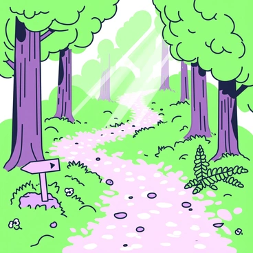 A winding nature trail is set in a dense forest, surrounded by tall trees with thick trunks and lush foliage. The path is covered with small pebbles and patches of grass, leading deeper into the woods. Sunlight filters through the leaves, creating dappled patterns on the ground. Alongside the trail, there are clusters of ferns and wildflowers, adding to the natural scenery. A small wooden signpost with a carved arrow points the way forward along the trail.