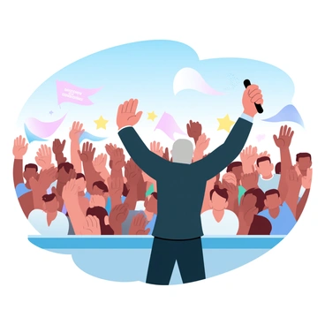 A man with gray hair is standing on a stage, passionately delivering a speech. He is wearing a dark suit and holding a microphone in his right hand. Behind him, a large crowd of people is cheering and raising their hands in excitement. Colorful banners are visible in the crowd, displaying messages of unity and hope. The atmosphere is filled with vibrant energy, and the scene is surrounded by a clear blue sky.