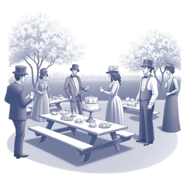 A garden party set in the Victorian era takes place in a lush garden filled with blooming flowers and neatly trimmed hedges. Guests are elegantly dressed, with men in top hats and tailcoats, and women in long, flowing dresses adorned with intricate lace and ribbons. Some guests are engaged in conversation while others are holding delicate porcelain teacups. Ornate picnic tables are arranged throughout the garden, covered with fine tablecloths and adorned with decorative centerpieces made of fresh flowers. A large, decorative cake stands prominently on one table, surrounded by an assortment of pastries and fruit platters. A gentle breeze causes the trees to sway softly, completing the idyllic atmosphere.