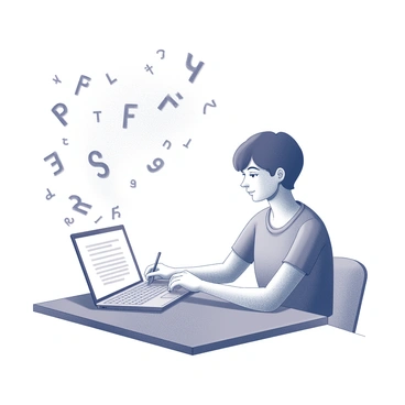 A person sitting at a desk, focused on typing on a laptop. Their fingers are positioned on the keyboard, actively engaged in writing. Surrounding the individual, there are swirling letters and characters that appear to float in the air, representing the flow of thoughts and ideas. The letters are arranged in a dynamic pattern, suggesting movement and creativity as they seem to emanate from the laptop screen. The individual is wearing a relaxed outfit, and their expression reflects concentration and inspiration.