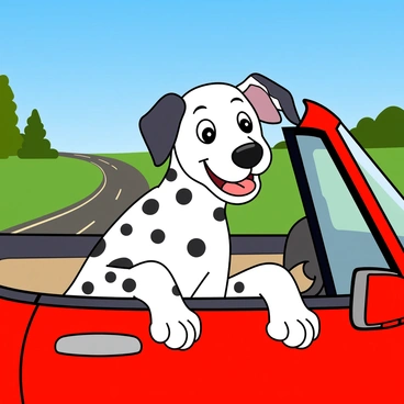 A playful Dalmatian with distinct black spots is sticking its head out of a car window. Its ears are flapping in the wind and its mouth is open, showing a big, happy grin. The car is a bright red convertible with the top down, showcasing a clear blue sky in the background. The Dalmatian's large, expressive eyes are gleaming with excitement as it enjoys the fresh breeze. The scenery outside includes green trees and a road winding into the distance. The sunlight casts a warm glow on the dog's coat, highlighting its glossy fur.