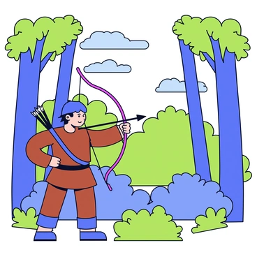 An archer with a focused expression is standing in a dense forest, surrounded by tall trees with green leaves. The archer is wearing a brown leather tunic and has a quiver filled with arrows strapped across the back. The bow is drawn back, with the arrow pointing towards a distant target, partially obscured by a cluster of bushes. Sunlight filters through the tree canopy, casting dappled light on the forest floor.